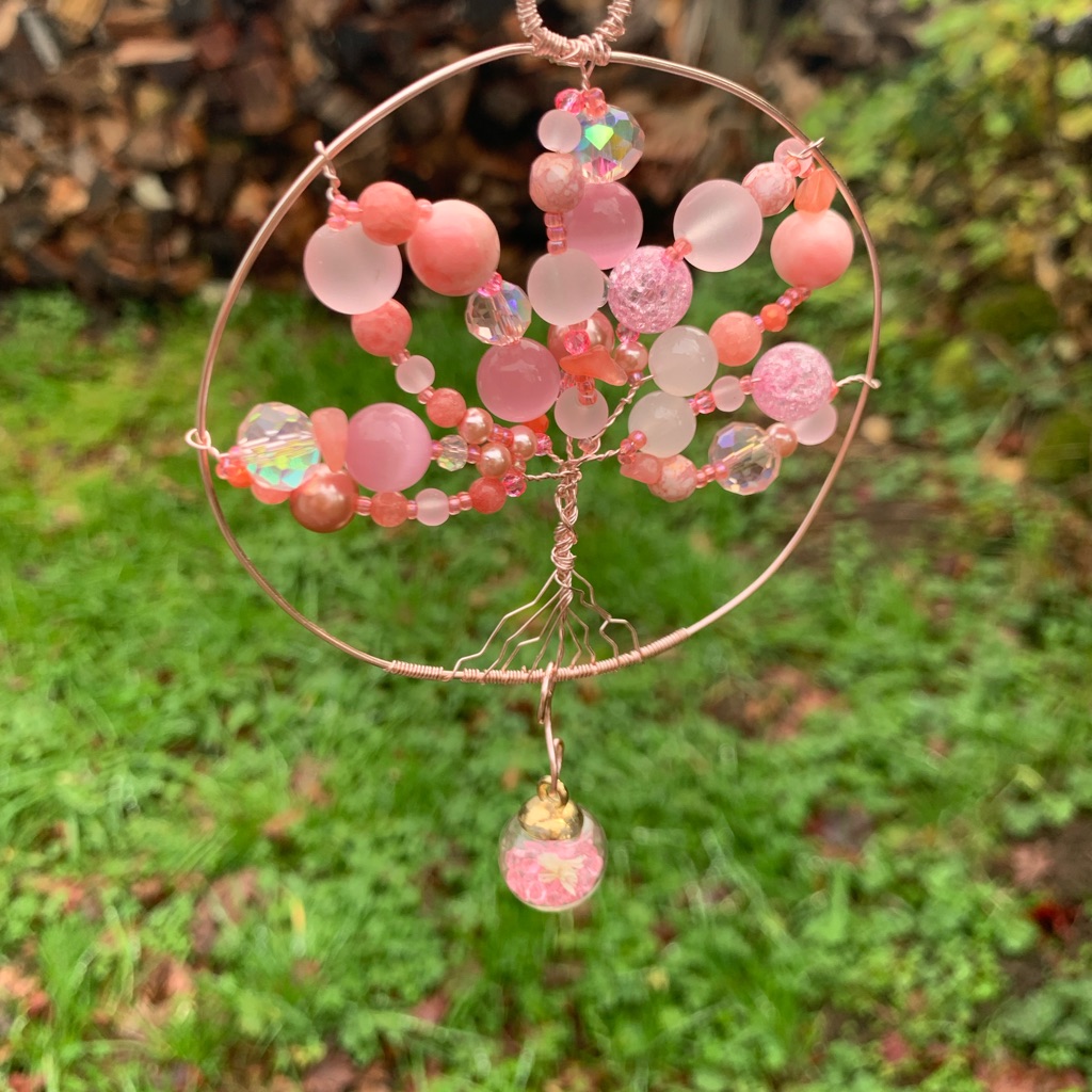 Handmade Soft Pastel Pink Handmade Beaded Tree Of Life Pendant With Rosegold